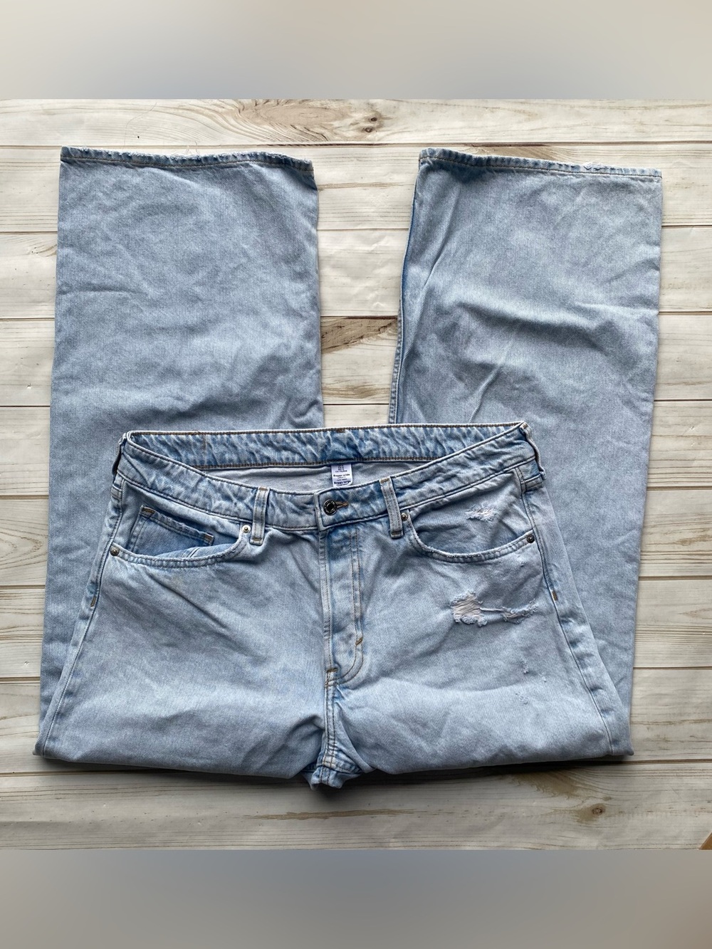 H&M baggy wide leg loose fit mid rise button fly light wash denim jeans 12